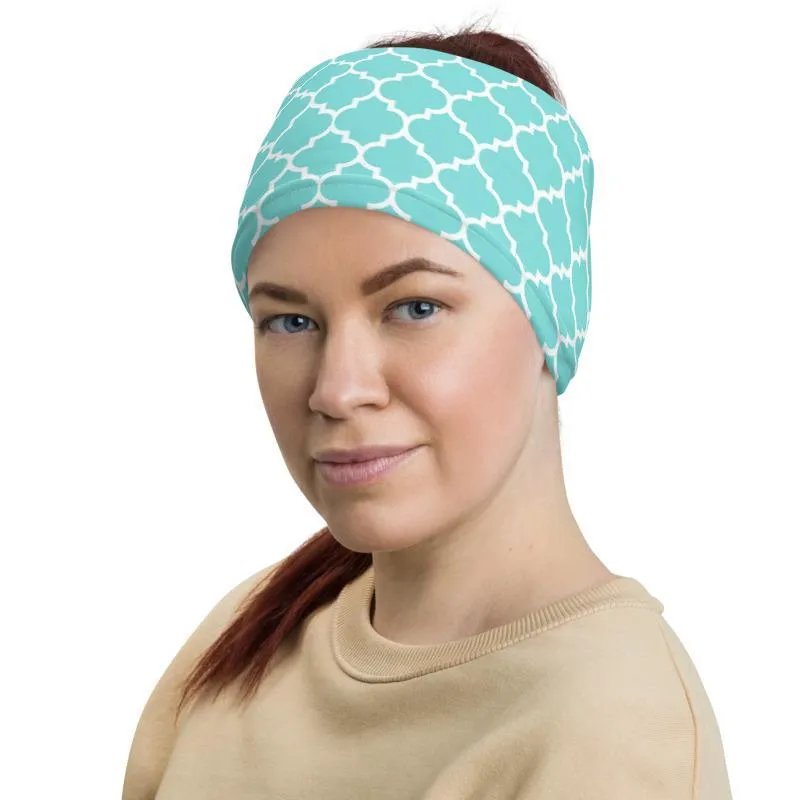 Morrocan ornamental Light green aqua blue print design, reusable, washable neck gaiter face cover headband wrap tube scarf mask head wear