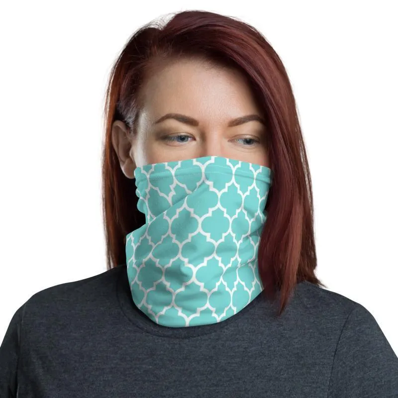 Morrocan ornamental Light green aqua blue print design, reusable, washable neck gaiter face cover headband wrap tube scarf mask head wear