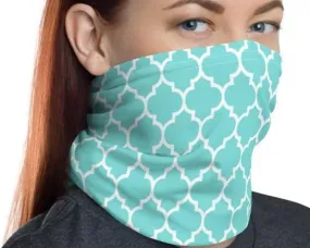 Morrocan ornamental Light green aqua blue print design, reusable, washable neck gaiter face cover headband wrap tube scarf mask head wear