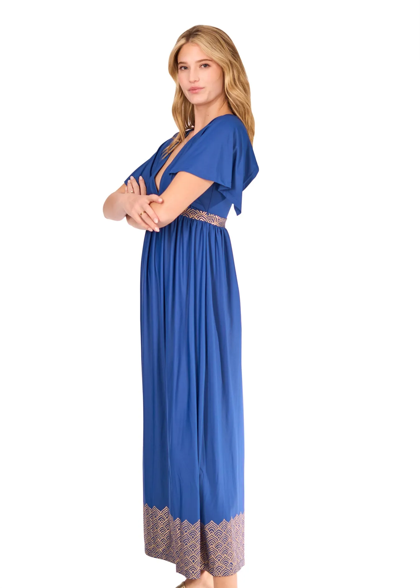 Navy Blue Metallic Flutter Sleeve Maxi Dress