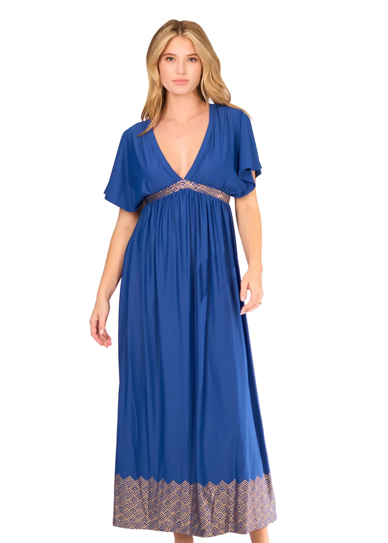 Navy Blue Metallic Flutter Sleeve Maxi Dress