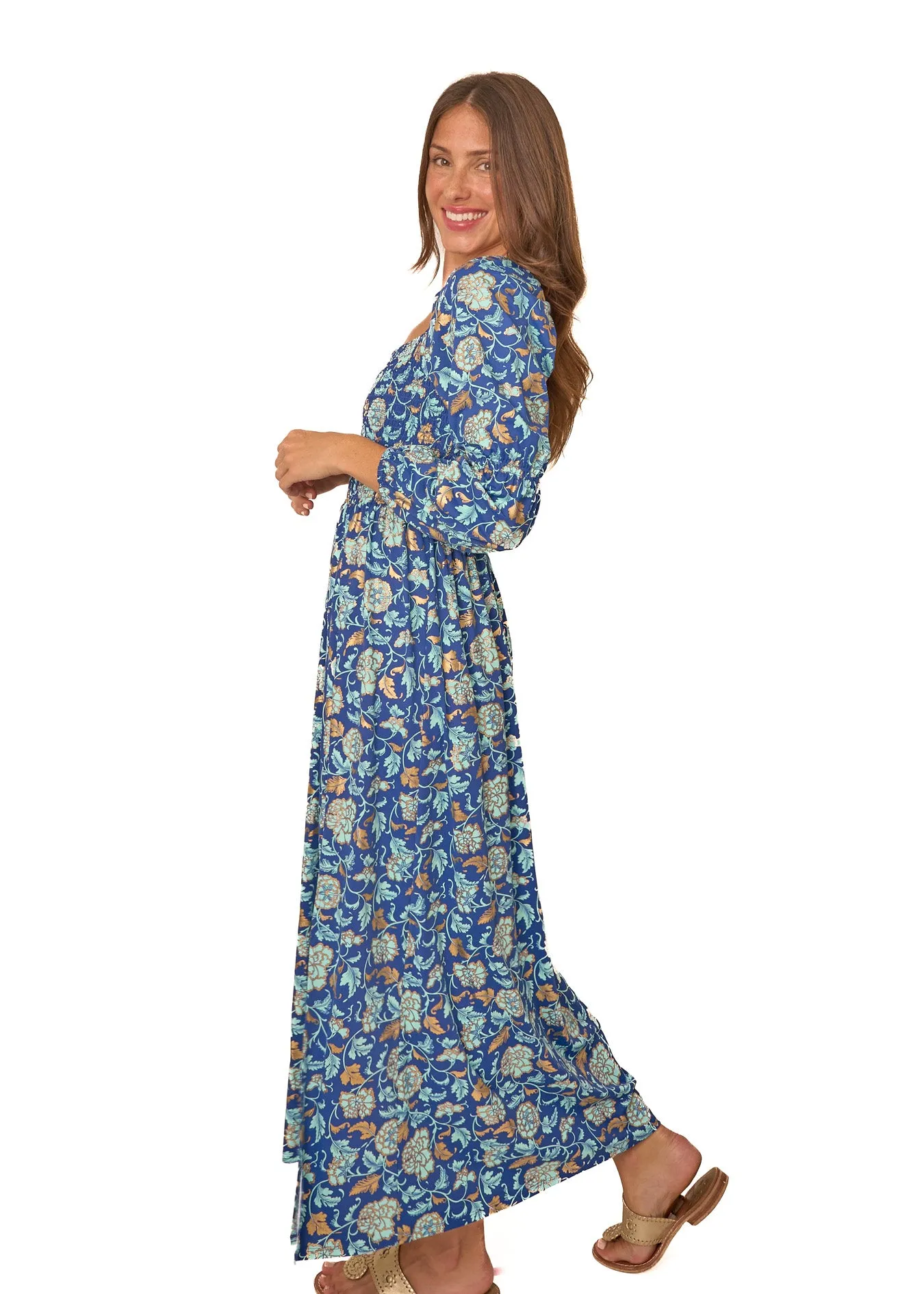 Navy Floral Metallic Puff Sleeve Maxi Dress