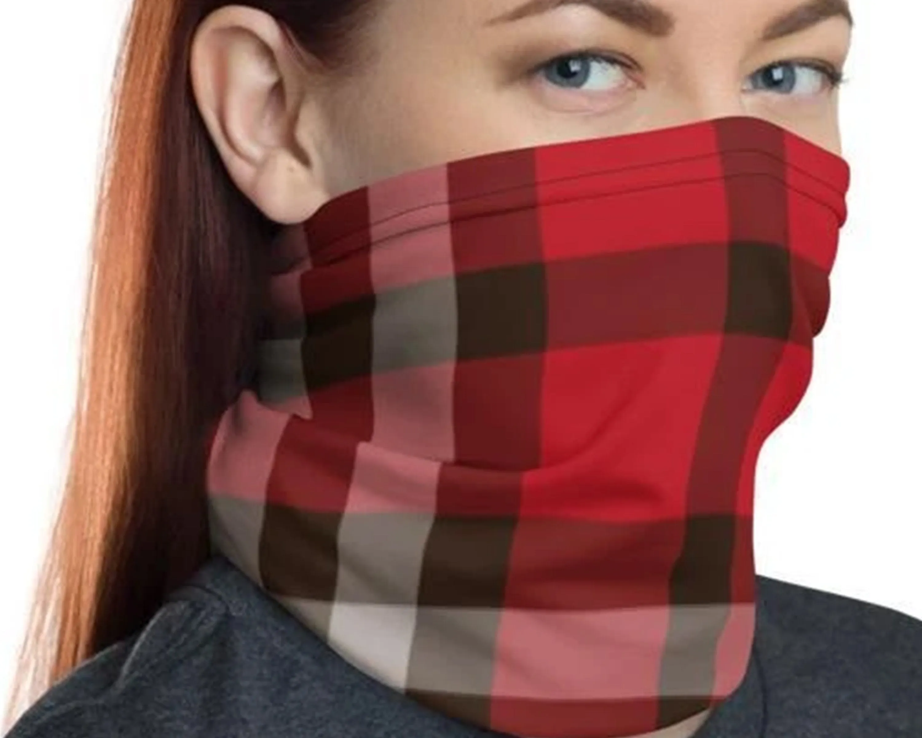 Red brown plaid gray checkered - neck gaiter 12 in 1 face cover head wear headband wrap balaclava mask head wear beanie - US Fast Shipping