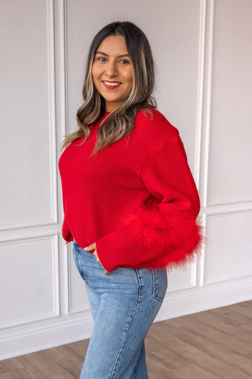 Red Knit Feather Sweater