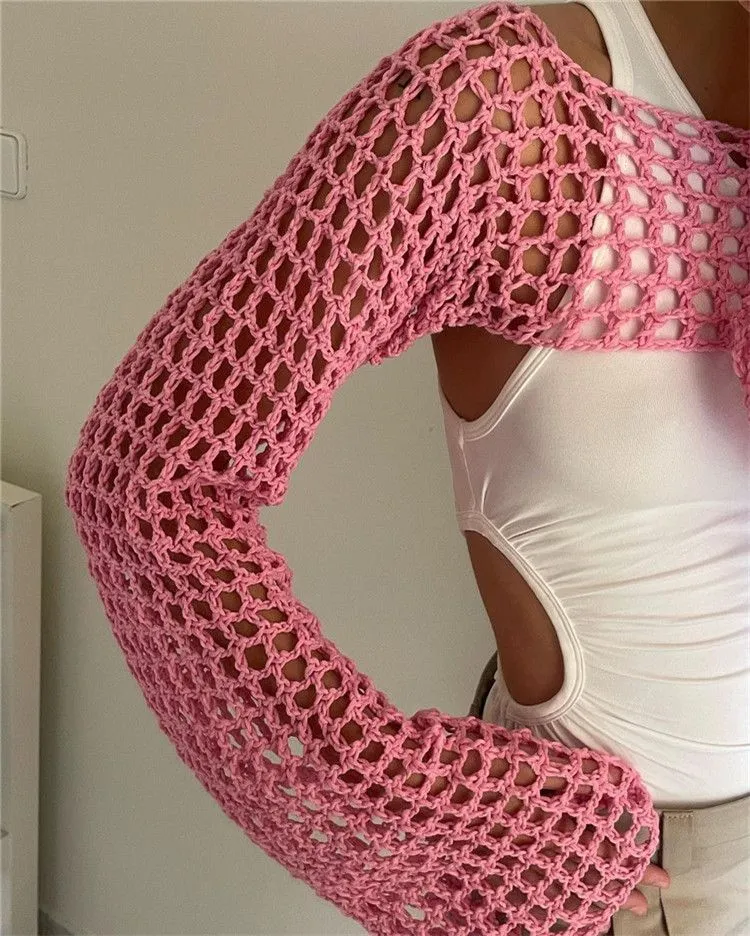 See Through Fish Net Crop Top Crochet Knit Cropped Blouse