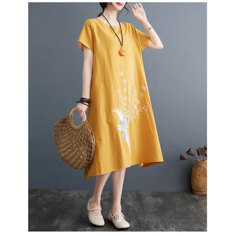 Slimming Plus Embroidery Loose Fit A-Line Artistic Linen Dress