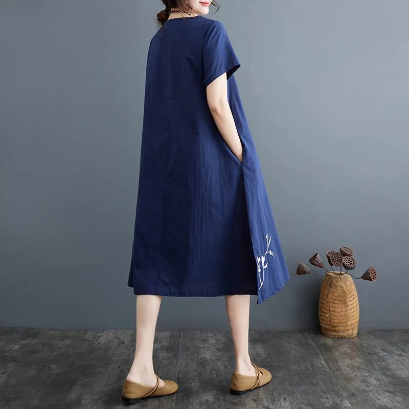 Slimming Plus Embroidery Loose Fit A-Line Artistic Linen Dress