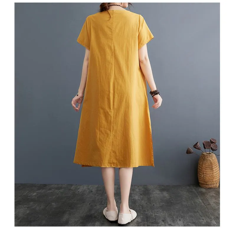 Slimming Plus Embroidery Loose Fit A-Line Artistic Linen Dress