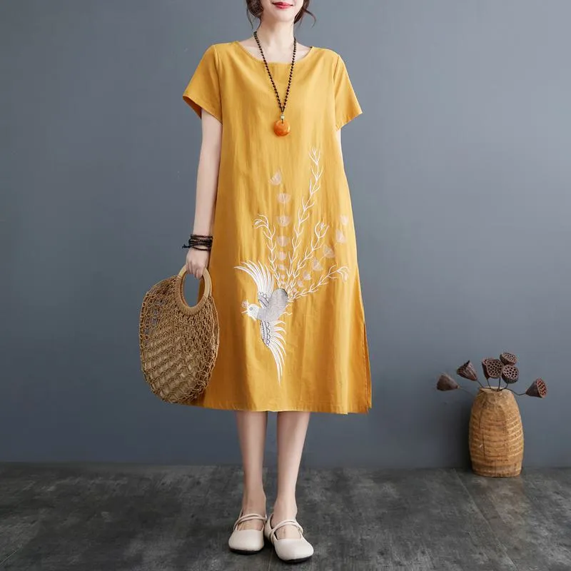 Slimming Plus Embroidery Loose Fit A-Line Artistic Linen Dress