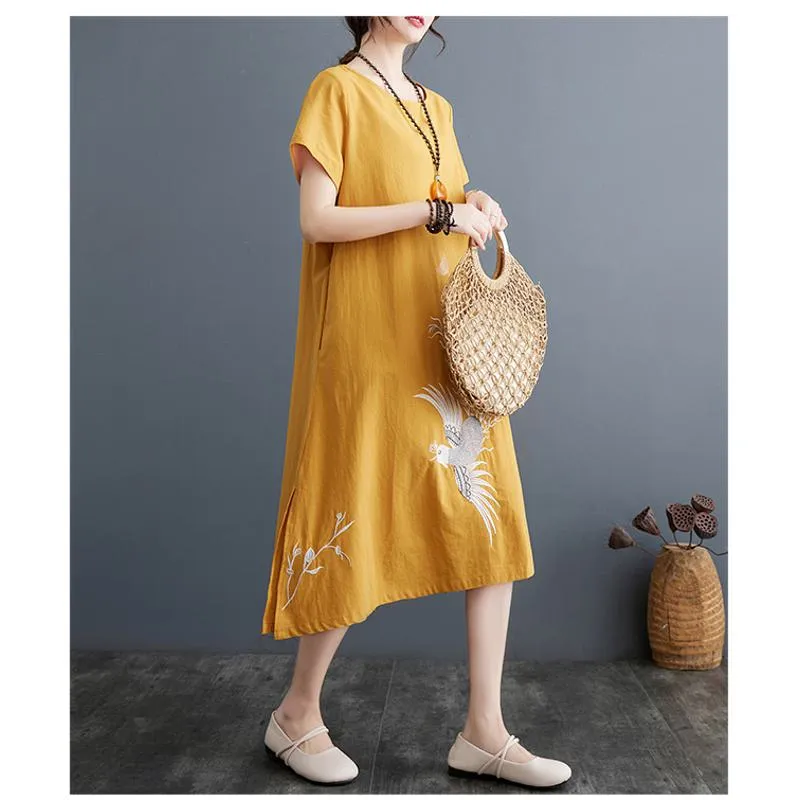 Slimming Plus Embroidery Loose Fit A-Line Artistic Linen Dress