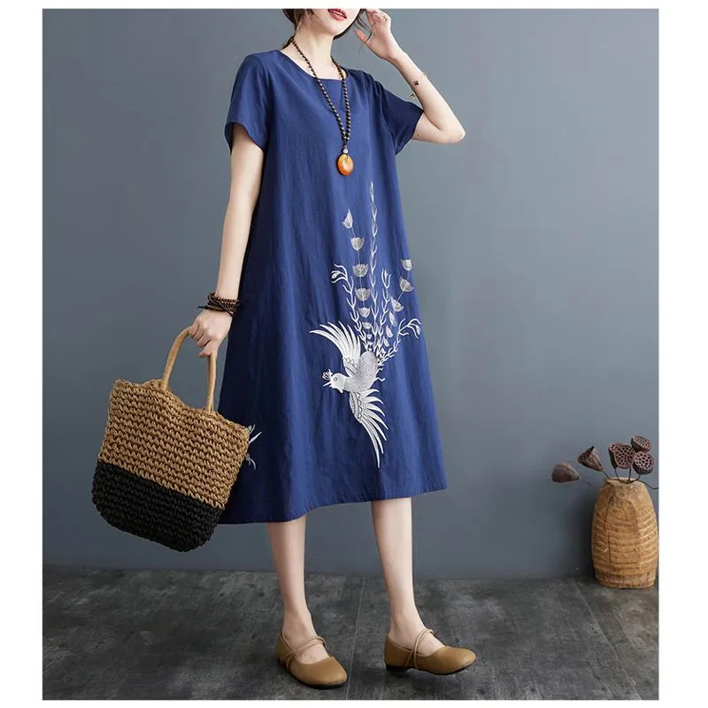 Slimming Plus Embroidery Loose Fit A-Line Artistic Linen Dress