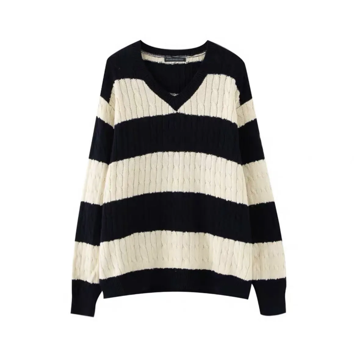 Toleet bm Vintage Striped Loose Sweater Women's BM Coat Stitching V-neck Twist Sweater Top