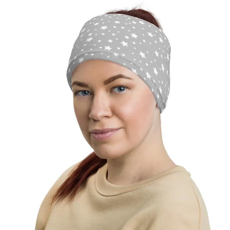 White gray Stars pattern design multi-use neck gaiter face mask cover headband wrap head wear beanie bandanna hood, gift for him her unisex