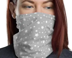 White gray Stars pattern design multi-use neck gaiter face mask cover headband wrap head wear beanie bandanna hood, gift for him her unisex