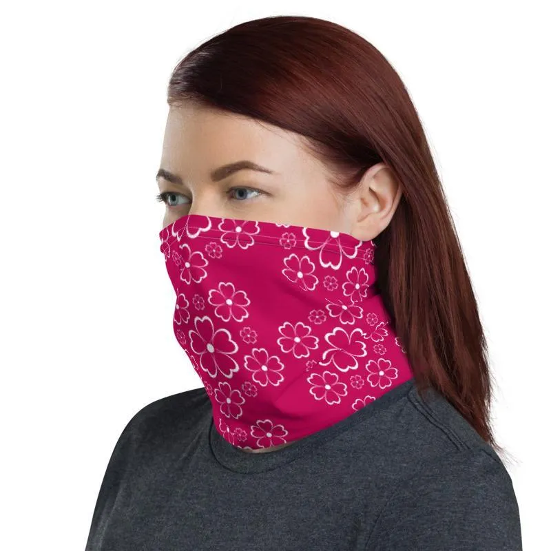 White lining flowers with pink background neck gaiter face cover head wear headband hood wrap balaclava mask neck warmer - US Fast Shipping