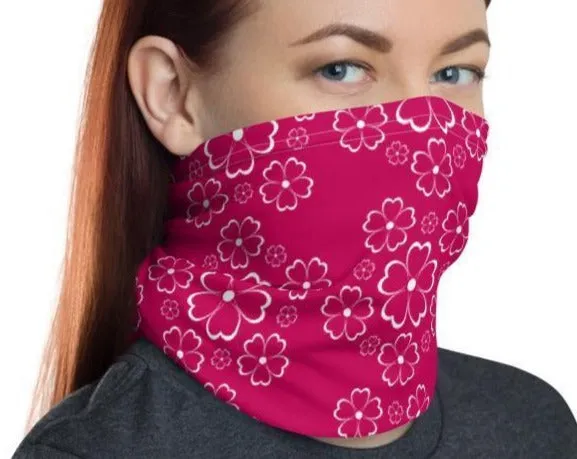 White lining flowers with pink background neck gaiter face cover head wear headband hood wrap balaclava mask neck warmer - US Fast Shipping