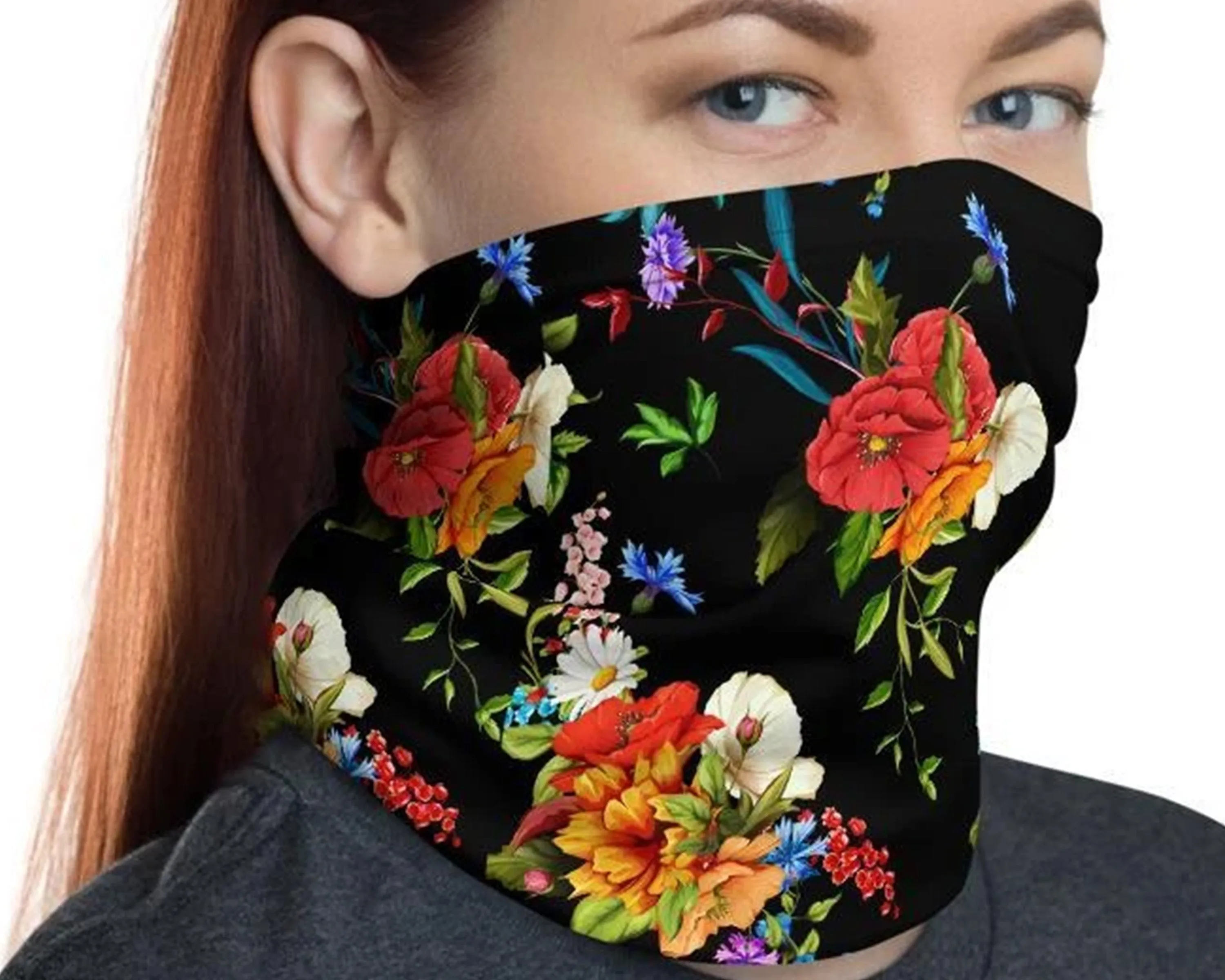 Wild Poppy Flower 12 in 1 Multi-functional Floral Face Cover black Scarf, Headband, Neck Gaiter mask Bandanna Balaclava- US Fast Shipping