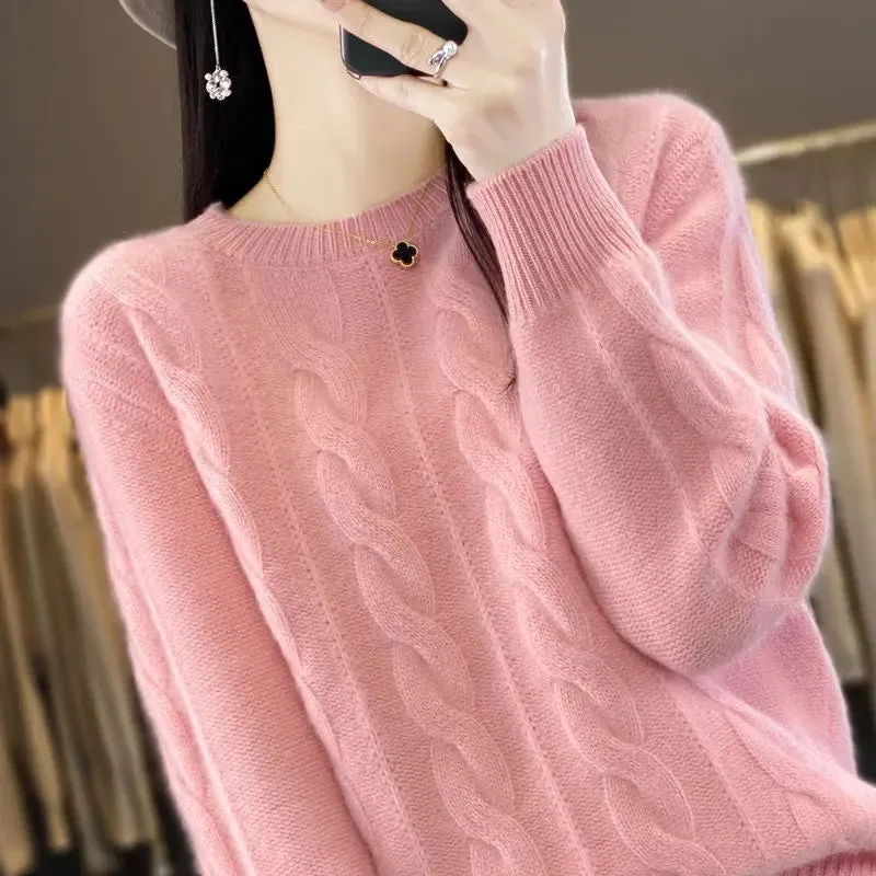 Women's Cable-knit Sweater Knitwear Top Pullover Solid Color Bottoming Sweater