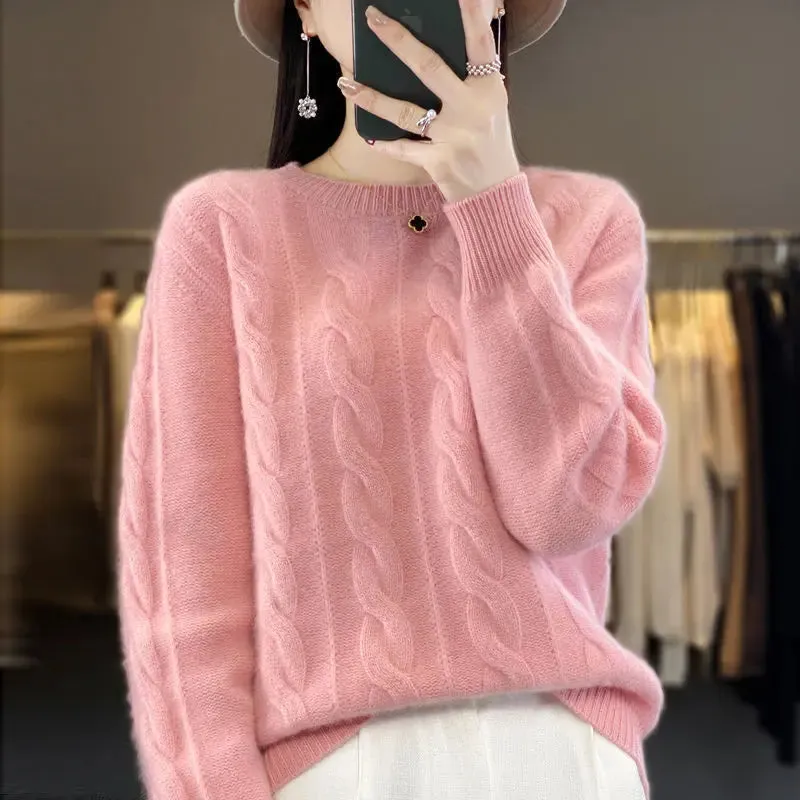 Women's Cable-knit Sweater Knitwear Top Pullover Solid Color Bottoming Sweater