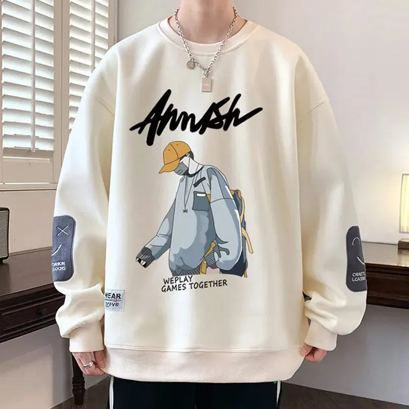 Youth Fleece-lined Thickened Men's Sweater Autumn And Winter Loose Fashion Brand Warm Sweatshirt